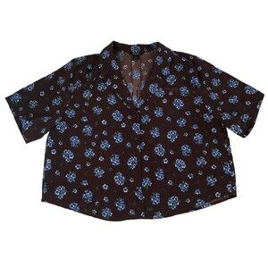 MONKI Brown Blue Floral Camp Collar Button Up Shirt Boxy Whimsygoth Top Large